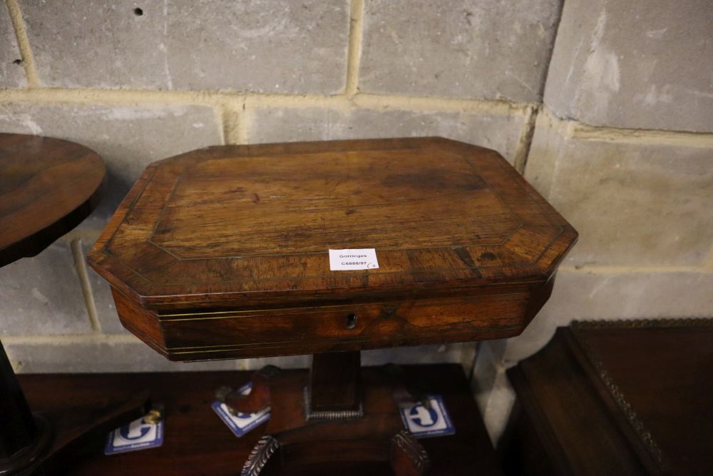 A Regency rosewood work table (cut down) together with a Victorian circular rosewood occasional table, 42cm diameter